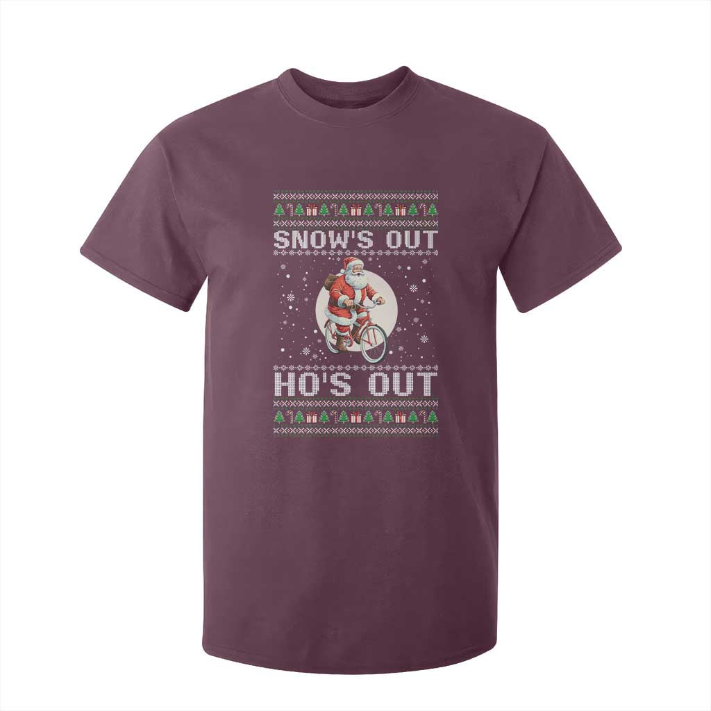 Funny Santa Christmas T Shirt For Kid Snows Out Hos Out Ugly Xmas TS10 Maroon Print Your Wear