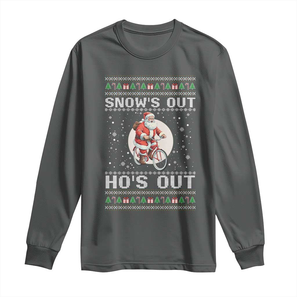 Funny Santa Christmas Long Sleeve Shirt Snows Out Hos Out Ugly Xmas TS10 Dark Heather Print Your Wear