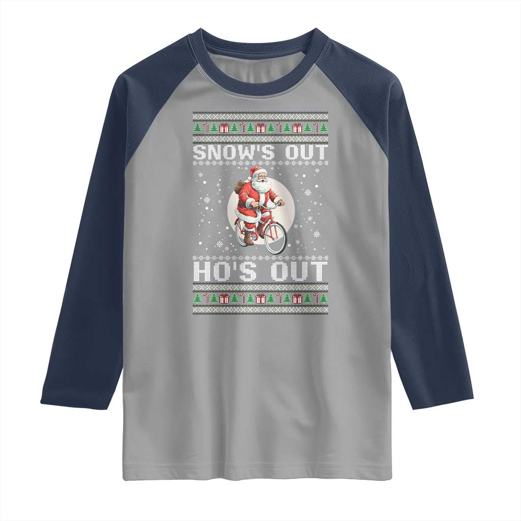 Funny Santa Christmas Raglan Shirt Snows Out Hos Out Ugly Xmas TS10 Sport Gray Navy Print Your Wear