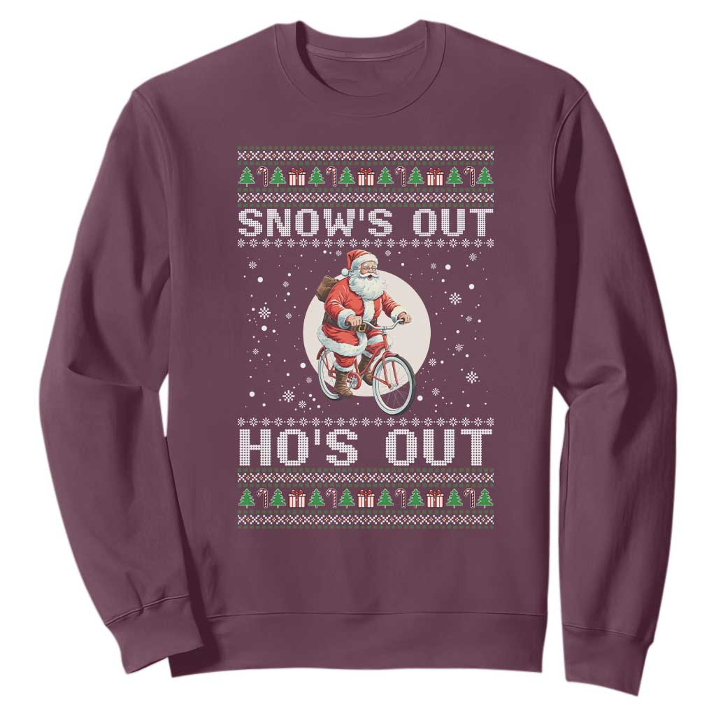 Funny Santa Christmas Sweatshirt Snows Out Hos Out Ugly Xmas TS10 Maroon Print Your Wear