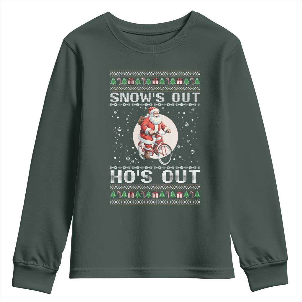 Funny Santa Christmas Youth Sweatshirt Snows Out Hos Out Ugly Xmas TS10 Dark Forest Green Print Your Wear