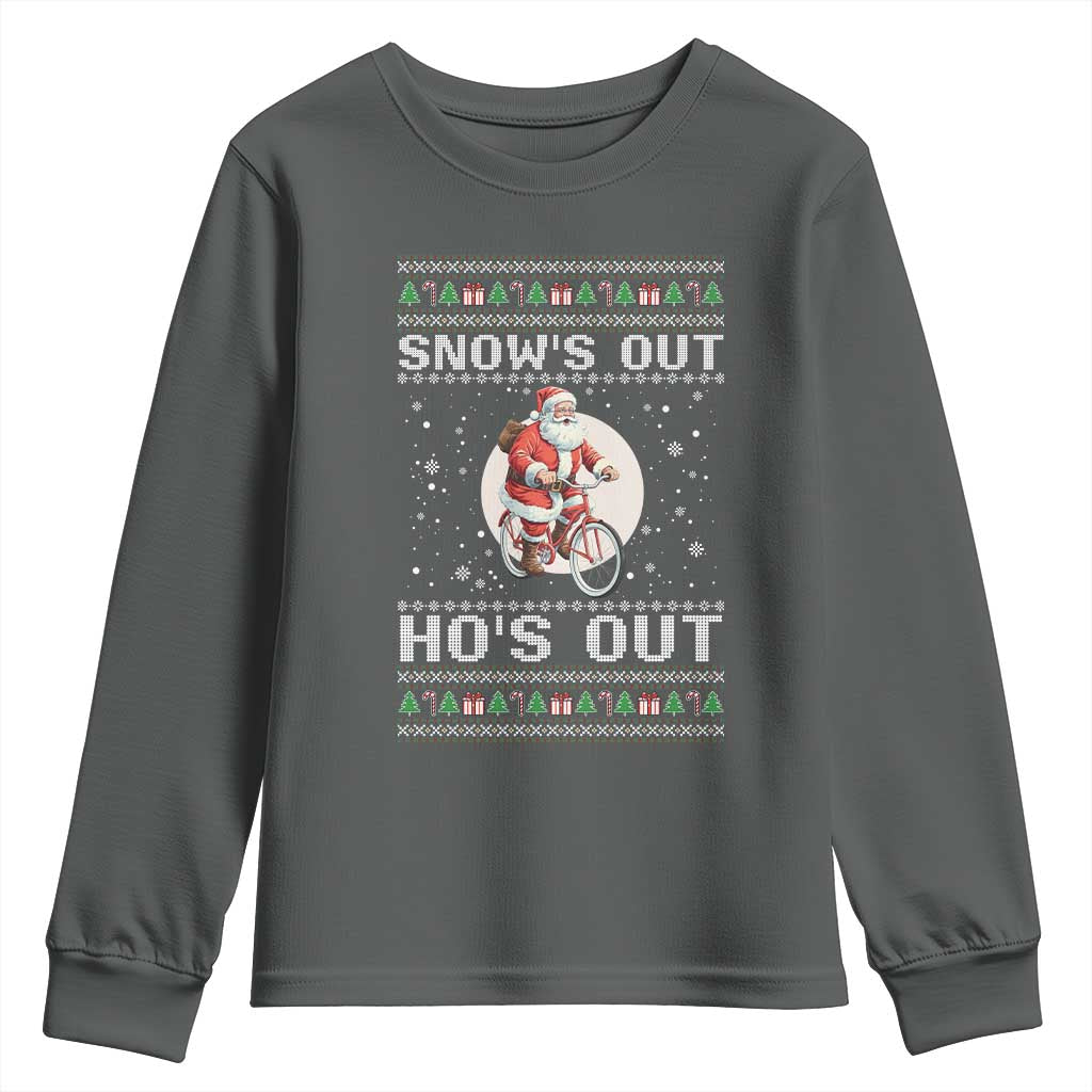 Funny Santa Christmas Youth Sweatshirt Snows Out Hos Out Ugly Xmas TS10 Dark Heather Print Your Wear