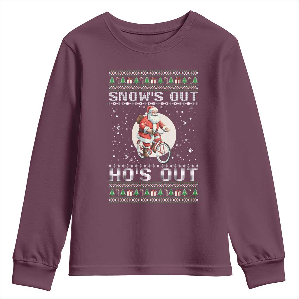Funny Santa Christmas Youth Sweatshirt Snows Out Hos Out Ugly Xmas TS10 Maroon Print Your Wear