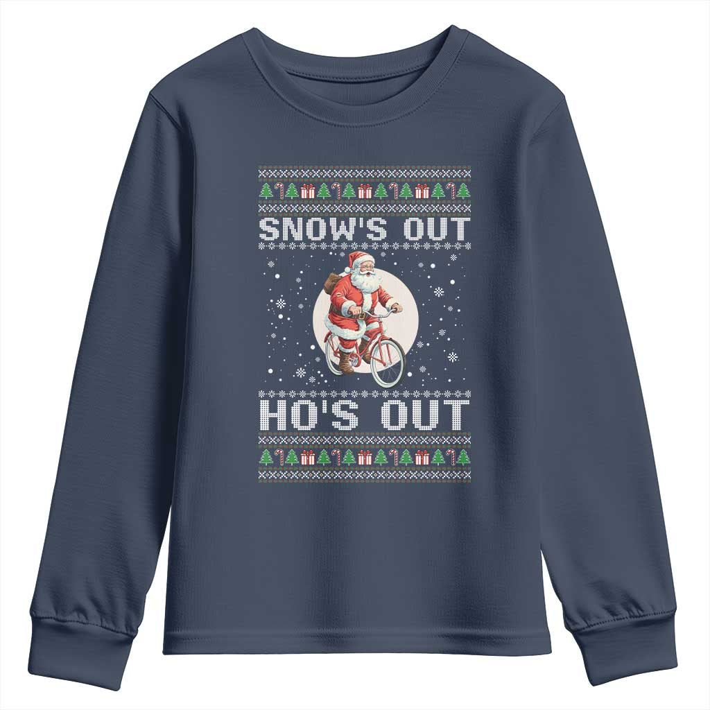 Funny Santa Christmas Youth Sweatshirt Snows Out Hos Out Ugly Xmas TS10 Navy Print Your Wear