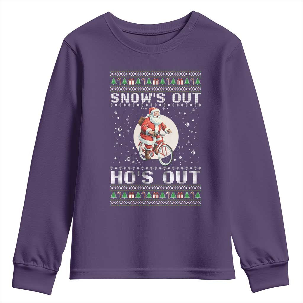 Funny Santa Christmas Youth Sweatshirt Snows Out Hos Out Ugly Xmas TS10 Purple Print Your Wear