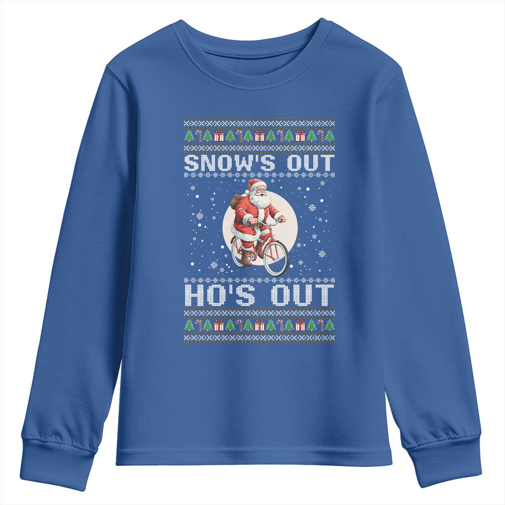 Funny Santa Christmas Youth Sweatshirt Snows Out Hos Out Ugly Xmas TS10 Royal Blue Print Your Wear