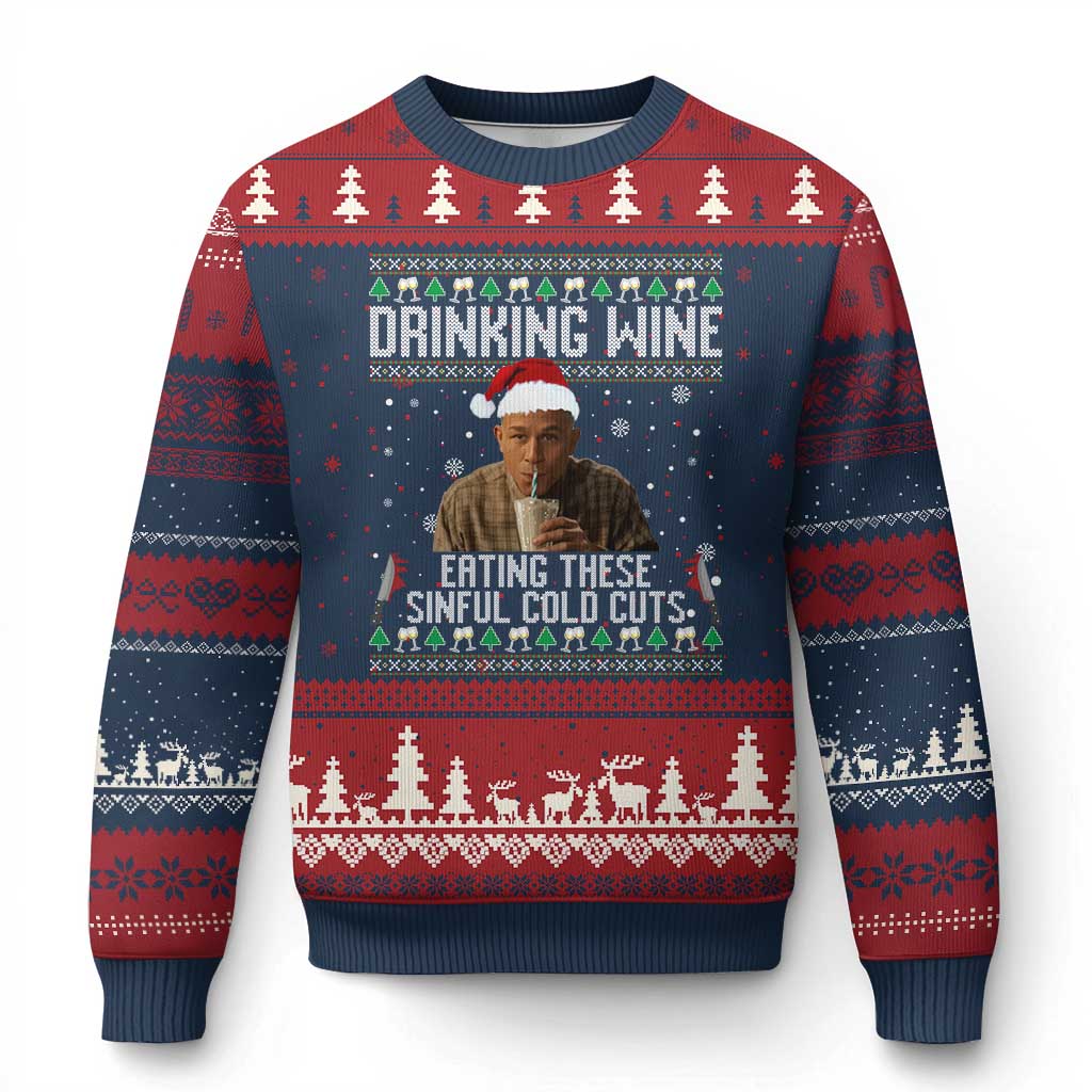 Charlie Hunnam Ed Gein Ugly Xmas Ugly Christmas Sweater Funny Drinking Wine Eating These Sinful Cold Cuts TS10 Navy Red Print Your Wear