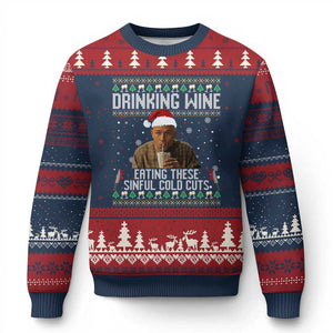 Charlie Hunnam Ed Gein Ugly Xmas Ugly Christmas Sweater Funny Drinking Wine Eating These Sinful Cold Cuts TS10 Navy Red Print Your Wear