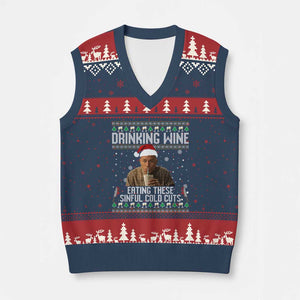 Charlie Hunnam Ed Gein Ugly Xmas V-Neck Knit Sweater Vest Funny Drinking Wine Eating These Sinful Cold Cuts TS10 Navy Red Print Your Wear