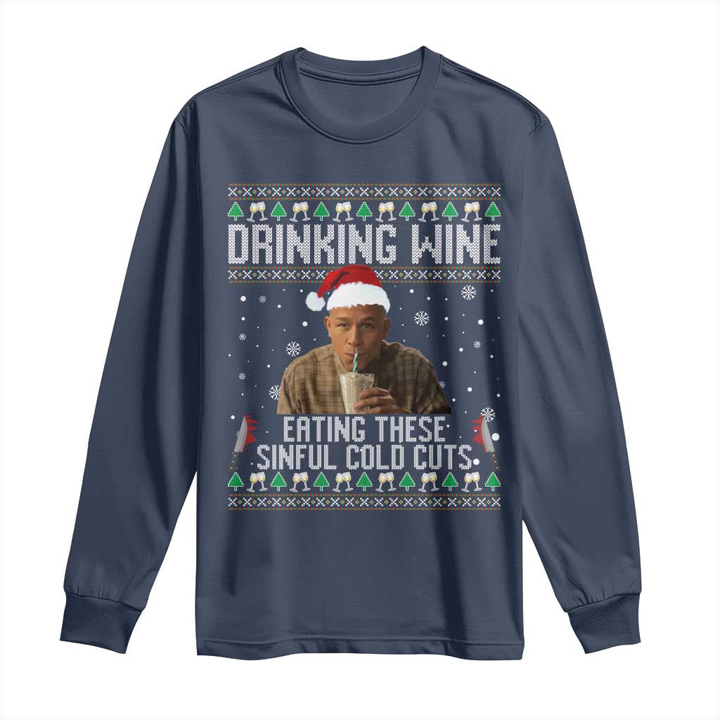 Charlie Hunnam Ed Gein Ugly Christmas Long Sleeve Shirt Funny Drinking Wine Eating These Sinful Cold Cuts TS10 Navy Print Your Wear