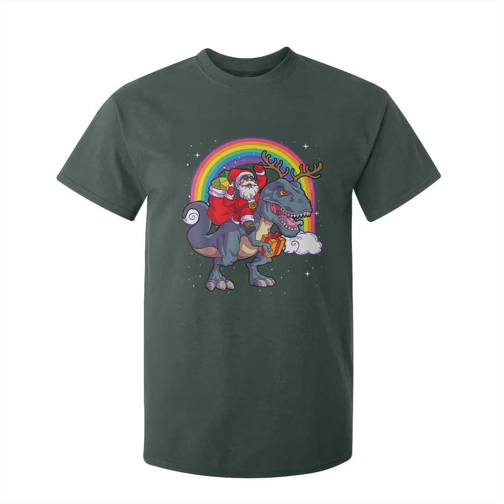 Christmas Santa Riding Dinosaur Deer Xmas T Shirt For Kid TS10 Dark Forest Green Print Your Wear