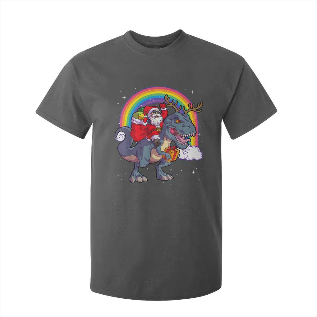 Christmas Santa Riding Dinosaur Deer Xmas T Shirt For Kid TS10 Dark Heather Print Your Wear