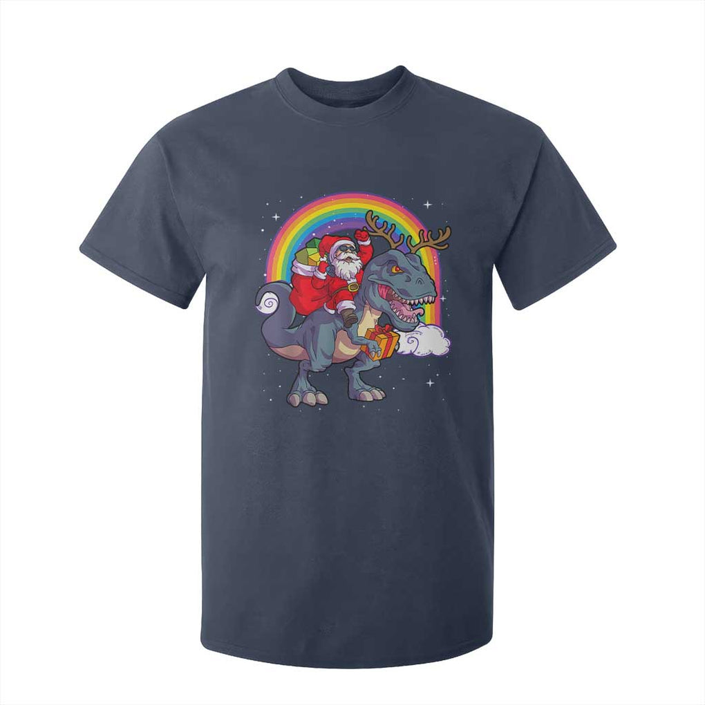 Christmas Santa Riding Dinosaur Deer Xmas T Shirt For Kid TS10 Navy Print Your Wear