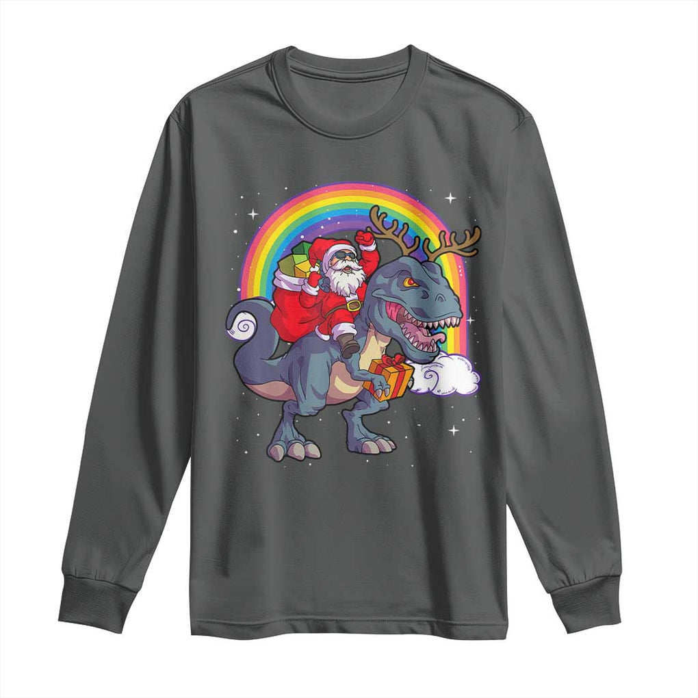 Christmas Santa Riding Dinosaur Deer Xmas Long Sleeve Shirt TS10 Dark Heather Print Your Wear
