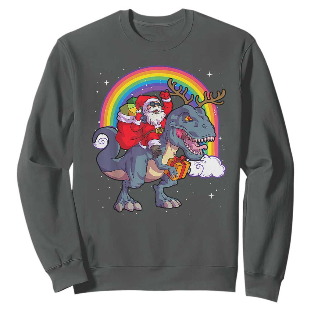 Christmas Santa Riding Dinosaur Deer Xmas Sweatshirt TS10 Dark Heather Print Your Wear