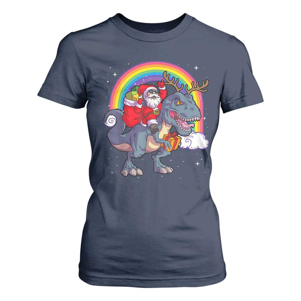 Christmas Santa Riding Dinosaur Deer Xmas T Shirt For Women TS10 Navy Print Your Wear