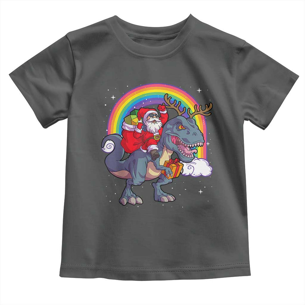 Christmas Santa Riding Dinosaur Deer Xmas Toddler T Shirt TS10 Dark Heather Print Your Wear