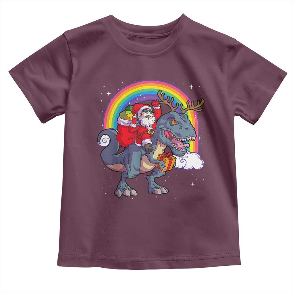 Christmas Santa Riding Dinosaur Deer Xmas Toddler T Shirt TS10 Maroon Print Your Wear