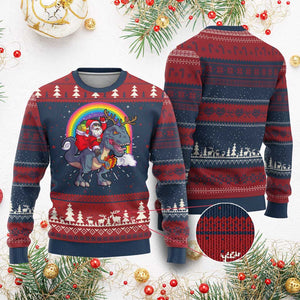 Xmas Santa Riding Dinosaur Deer Xmas Ugly Christmas Sweater TS10 Burgundy Print Your Wear