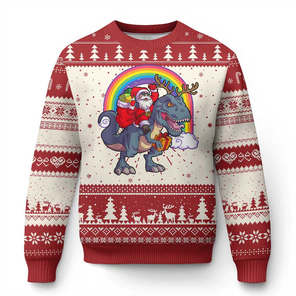 Xmas Santa Riding Dinosaur Deer Xmas Ugly Christmas Sweater TS10 Red Print Your Wear