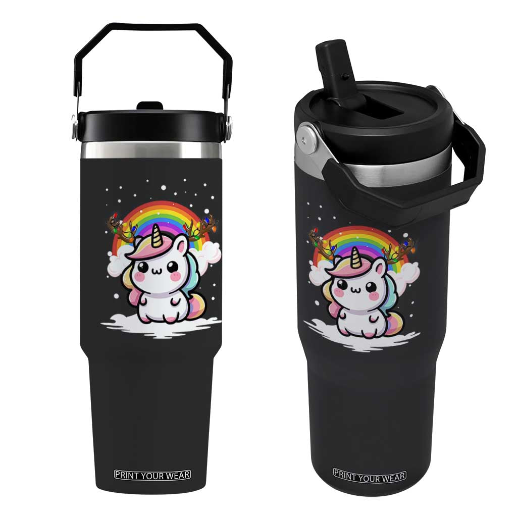 Unicorn Christmas Flip Straw Tumbler Cute Xmas Girls Rainbow TS10 One Size: 30 oz Black Print Your Wear