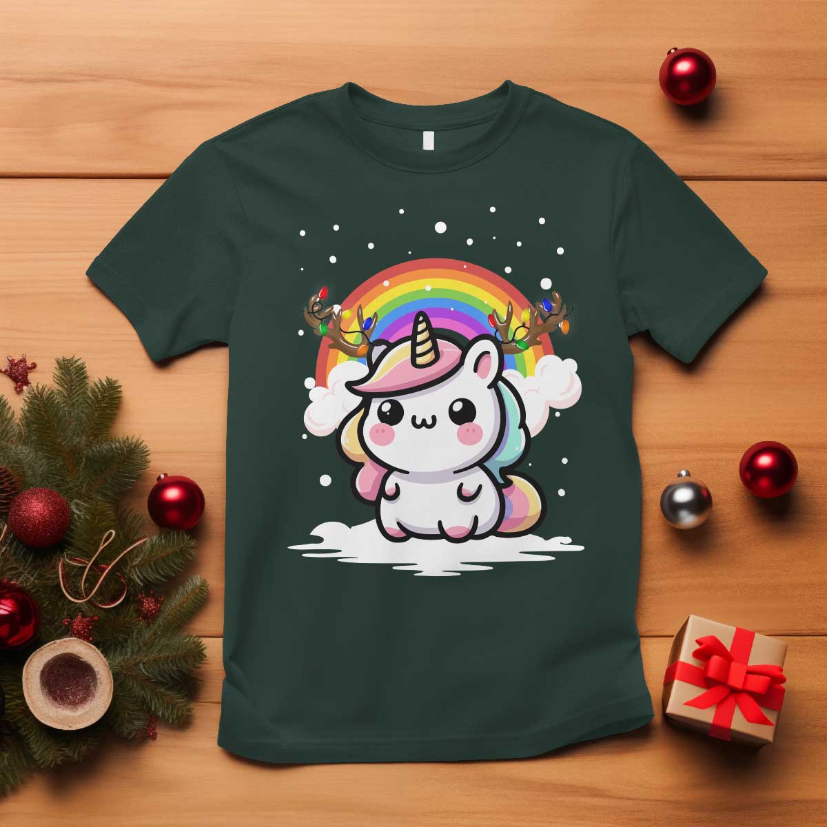 Unicorn Christmas T Shirt Cute Xmas Girls Rainbow TS10 Dark Forest Green Print Your Wear