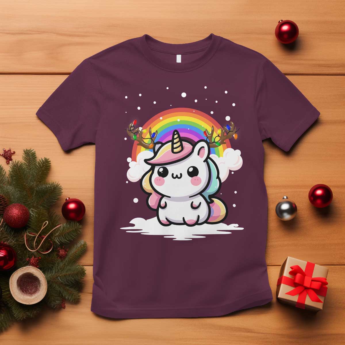 Unicorn Christmas T Shirt Cute Xmas Girls Rainbow TS10 Maroon Print Your Wear