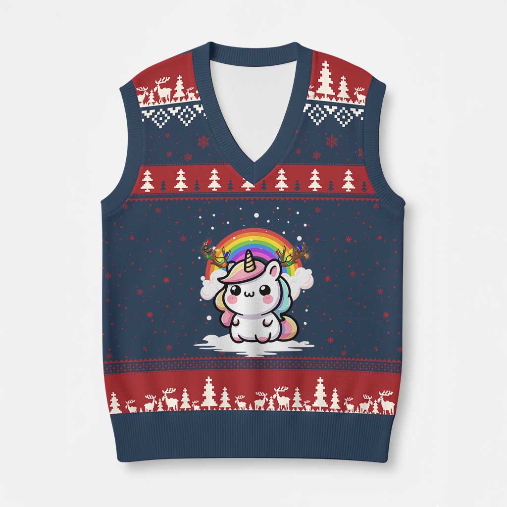 Unicorn Xmas V-Neck Knit Sweater Vest Cute Xmas Girls Rainbow TS10 Navy Red Print Your Wear
