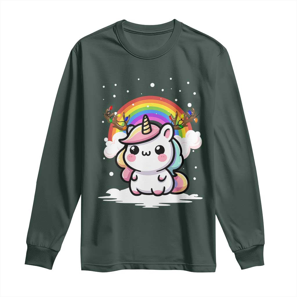 Unicorn Christmas Long Sleeve Shirt Cute Xmas Girls Rainbow TS10 Dark Forest Green Print Your Wear