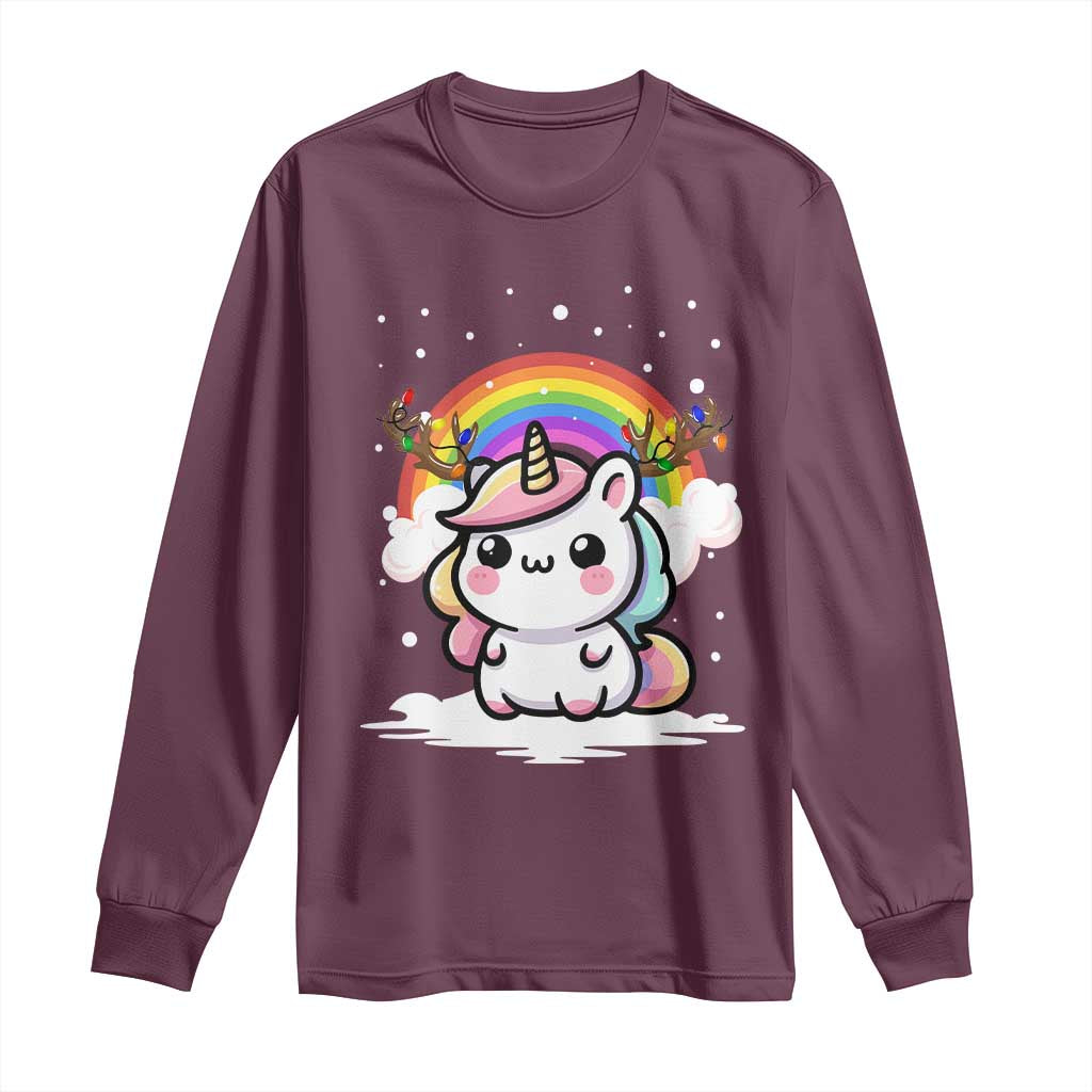 Unicorn Christmas Long Sleeve Shirt Cute Xmas Girls Rainbow TS10 Maroon Print Your Wear