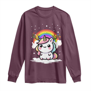 Unicorn Christmas Long Sleeve Shirt Cute Xmas Girls Rainbow TS10 Maroon Print Your Wear