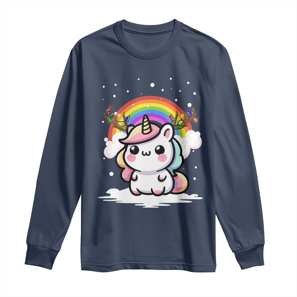 Unicorn Christmas Long Sleeve Shirt Cute Xmas Girls Rainbow TS10 Navy Print Your Wear