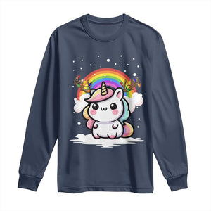 Unicorn Christmas Long Sleeve Shirt Cute Xmas Girls Rainbow TS10 Navy Print Your Wear