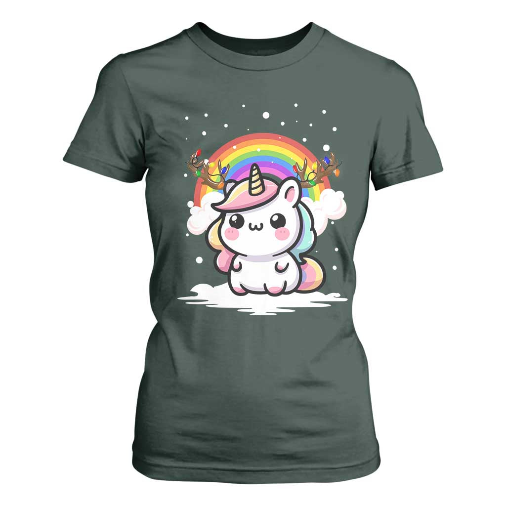 Unicorn Christmas T Shirt For Women Cute Xmas Girls Rainbow TS10 Dark Forest Green Print Your Wear