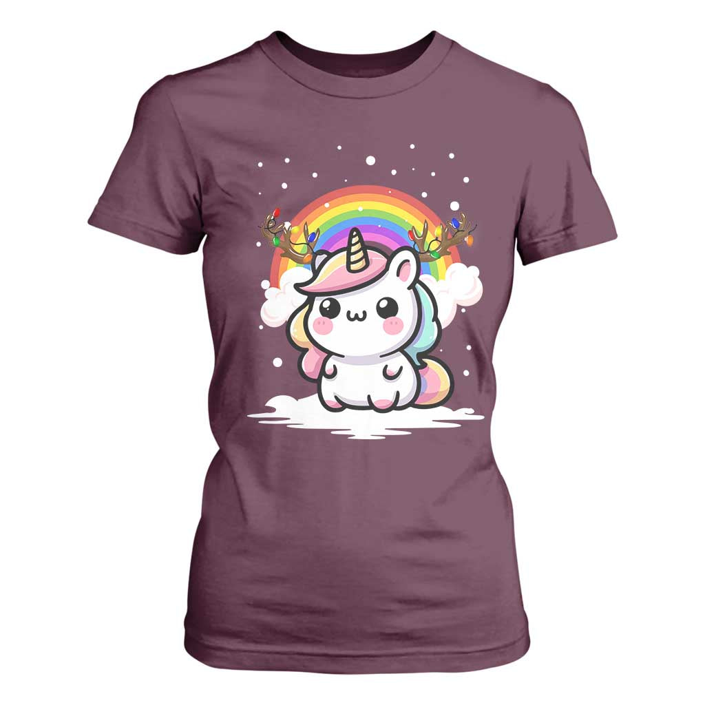 Unicorn Christmas T Shirt For Women Cute Xmas Girls Rainbow TS10 Maroon Print Your Wear