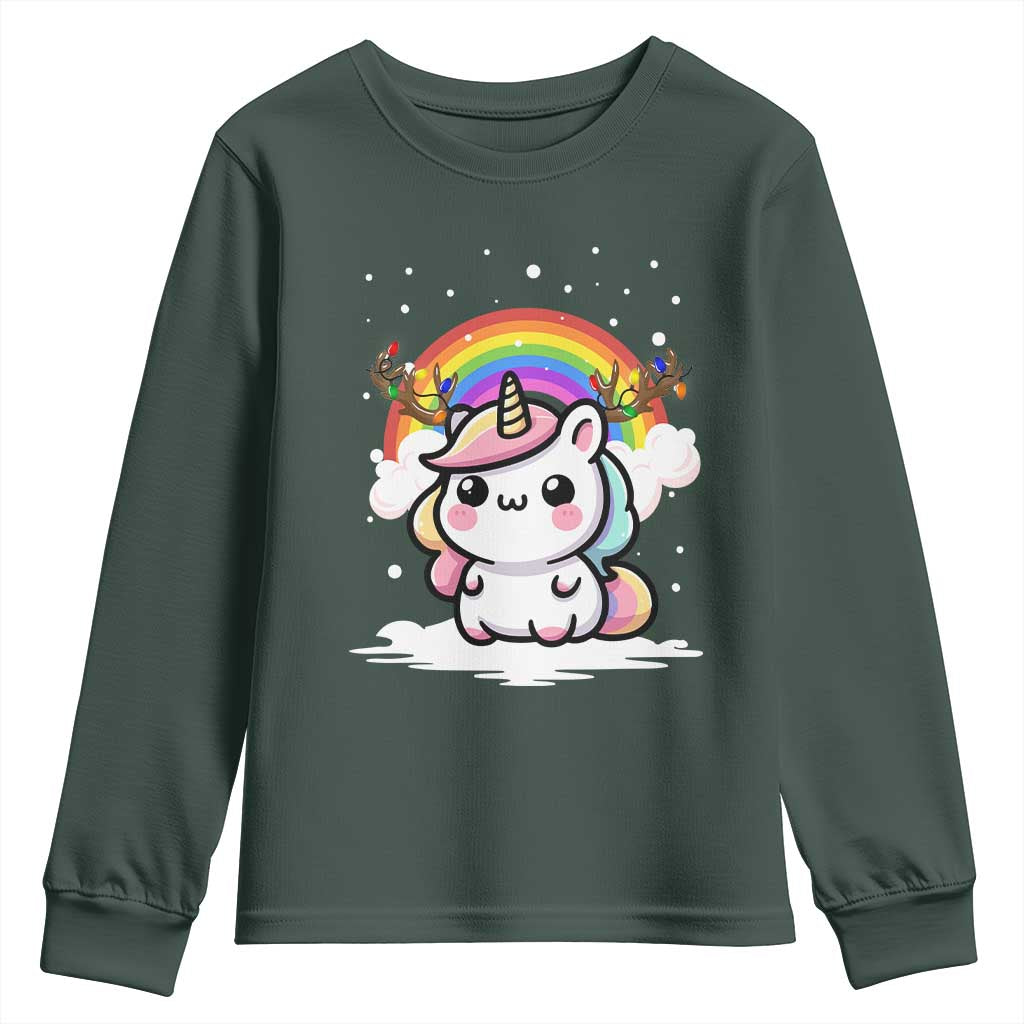 Unicorn Christmas Youth Sweatshirt Cute Xmas Girls Rainbow TS10 Dark Forest Green Print Your Wear