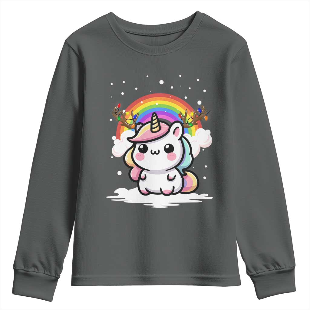 Unicorn Christmas Youth Sweatshirt Cute Xmas Girls Rainbow TS10 Dark Heather Print Your Wear