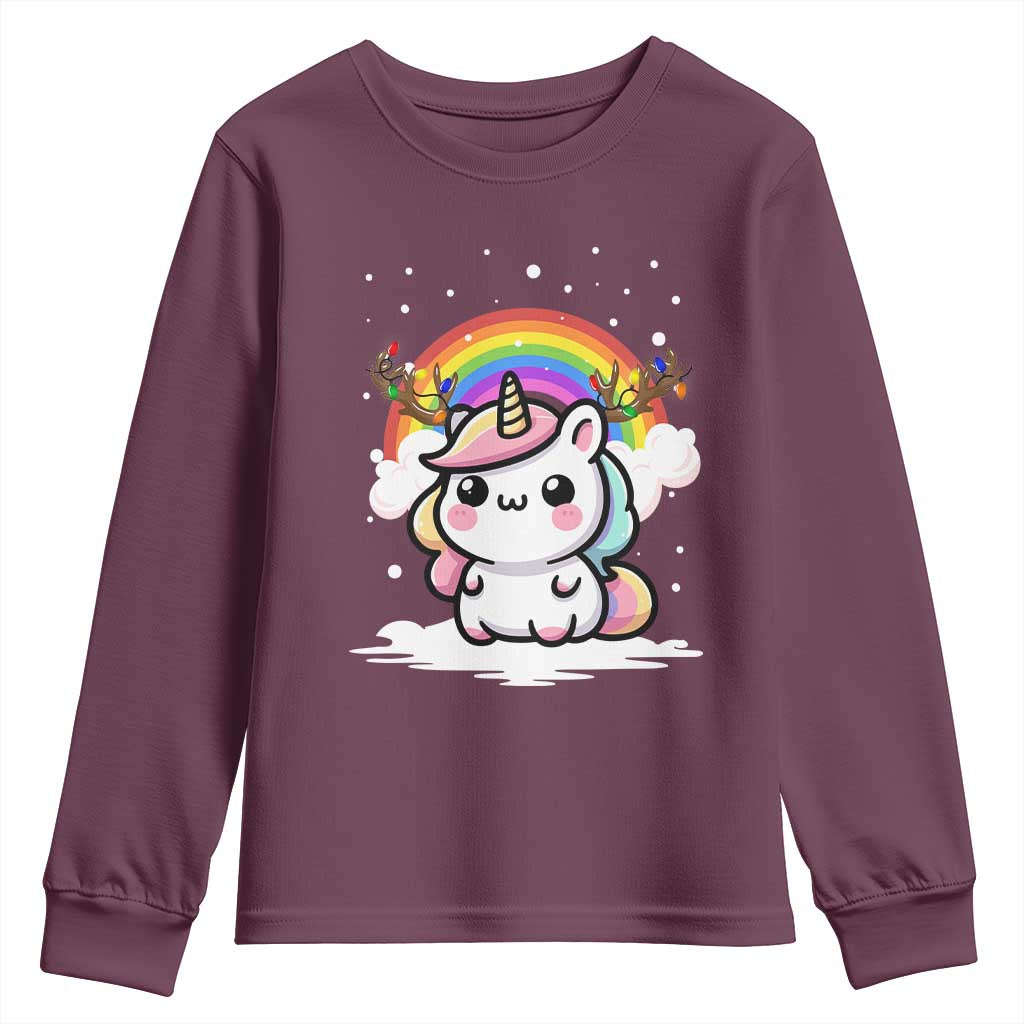 Unicorn Christmas Youth Sweatshirt Cute Xmas Girls Rainbow TS10 Maroon Print Your Wear