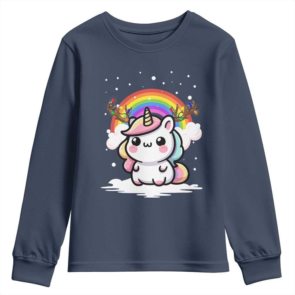 Unicorn Christmas Youth Sweatshirt Cute Xmas Girls Rainbow TS10 Navy Print Your Wear