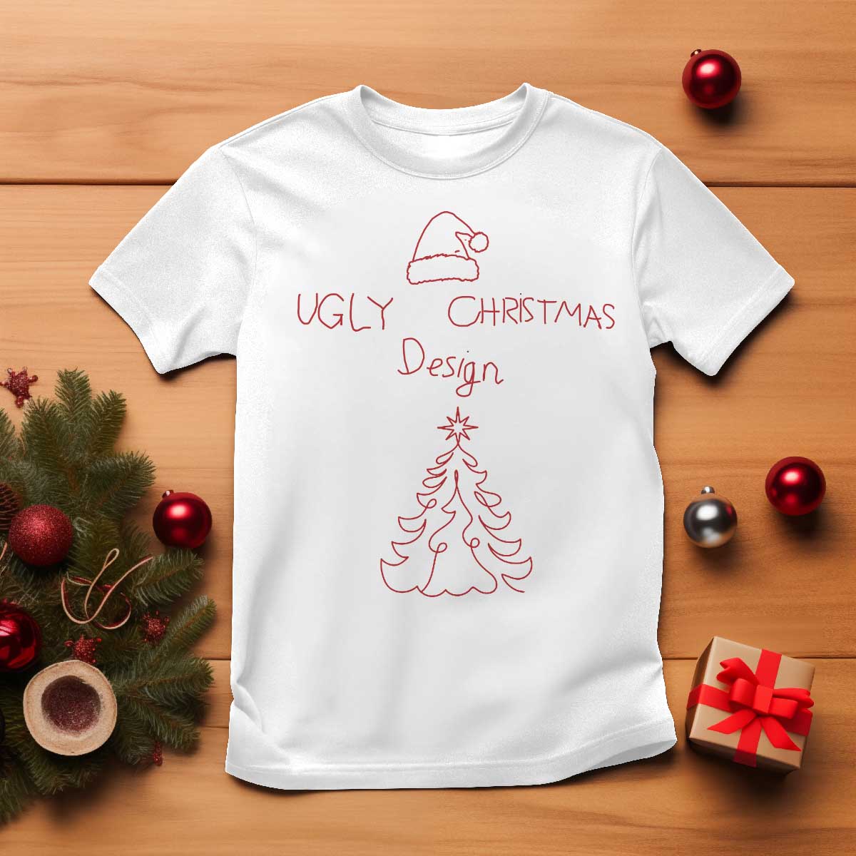 Funny Christmas T Shirt Ugly Tree Hand Drawn TS10 White Print Your Wear
