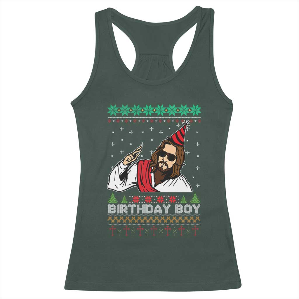 Crhistmas Birthday Boy Jesus Ugly Christmas Racerback Tank Top TS10 Dark Forest Green Print Your Wear