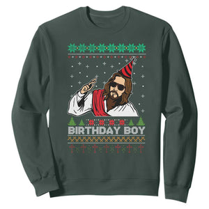Crhistmas Birthday Boy Jesus Ugly Christmas Sweatshirt TS10 Dark Forest Green Print Your Wear