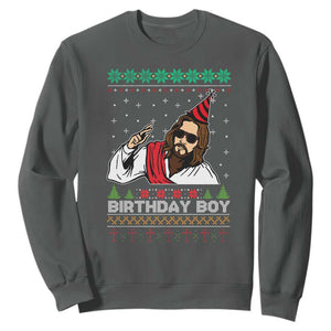 Crhistmas Birthday Boy Jesus Ugly Christmas Sweatshirt TS10 Dark Heather Print Your Wear
