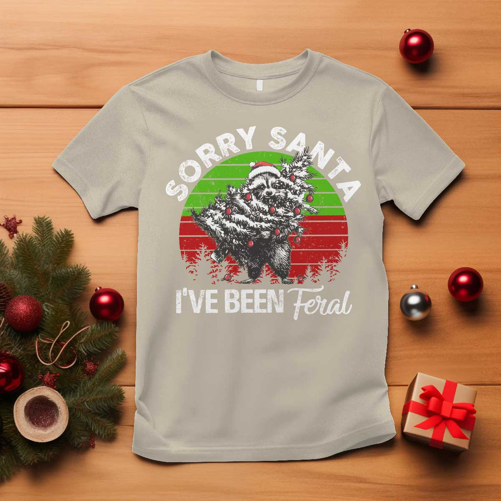 Raccoon Christmas T Shirt Sorry Santa I've Been Feral Retro Xmas Tree TS10 Sand Print Your Wear