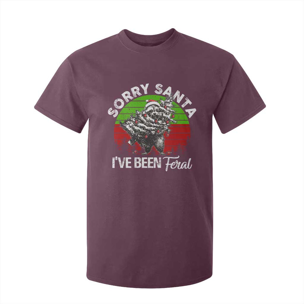 Raccoon Christmas T Shirt For Kid Sorry Santa I've Been Feral Retro Xmas Tree TS10 Maroon Print Your Wear