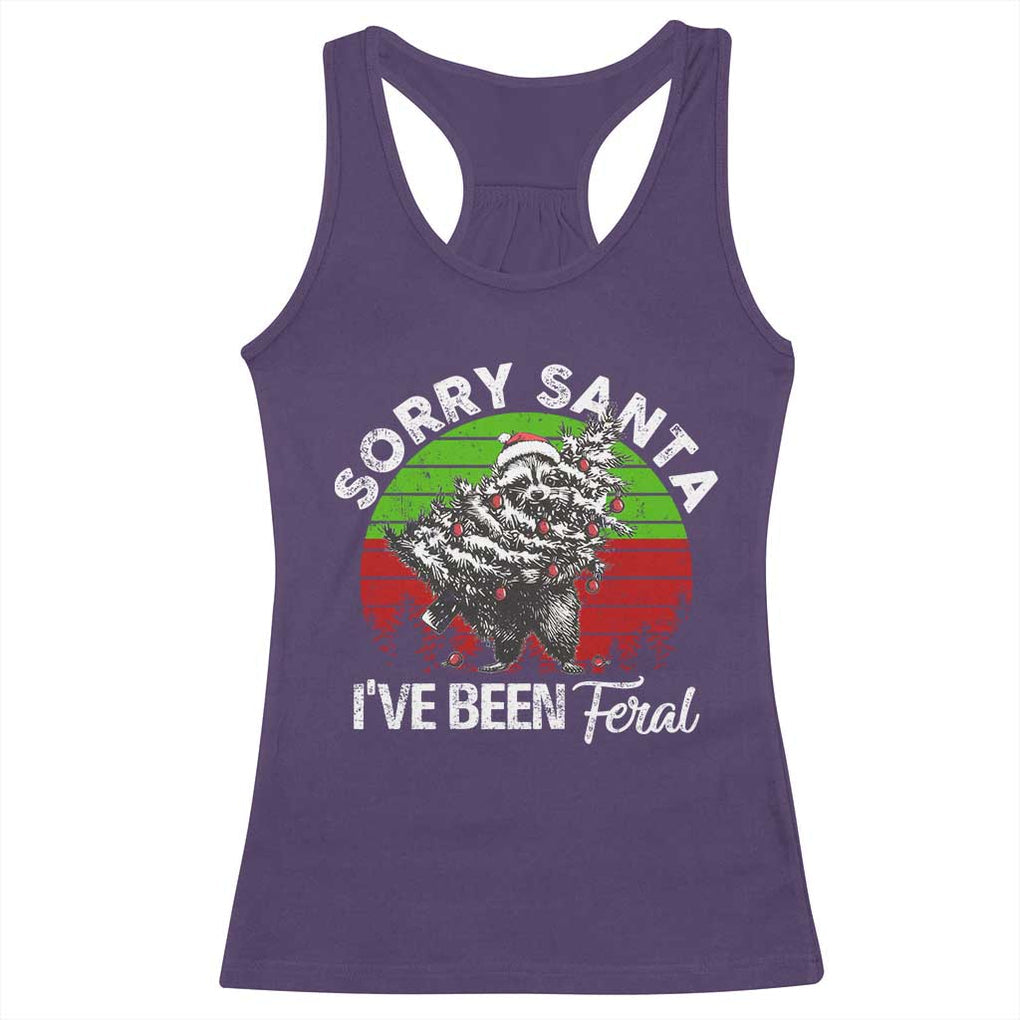 Raccoon Christmas Racerback Tank Top Sorry Santa I've Been Feral Retro Xmas Tree TS10 Purple Print Your Wear