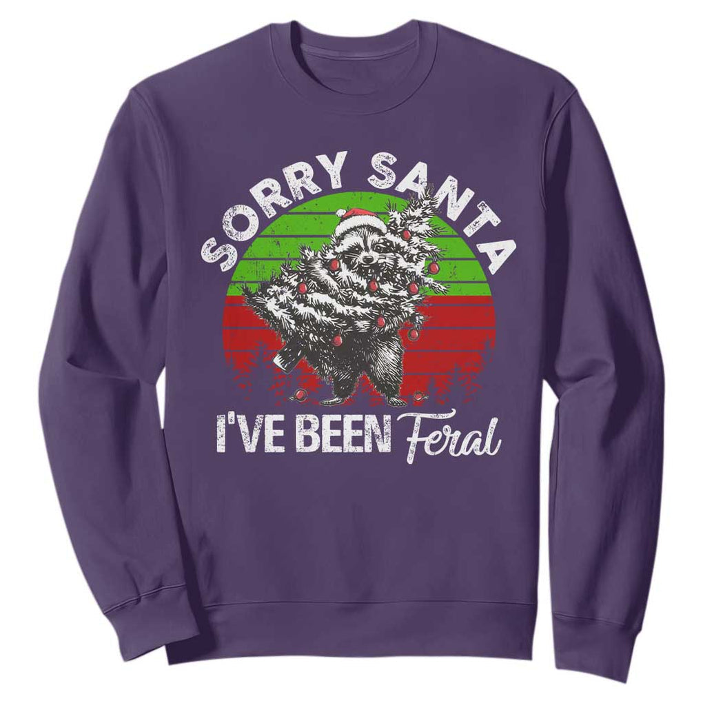 Raccoon Christmas Sweatshirt Sorry Santa I've Been Feral Retro Xmas Tree TS10 Purple Print Your Wear