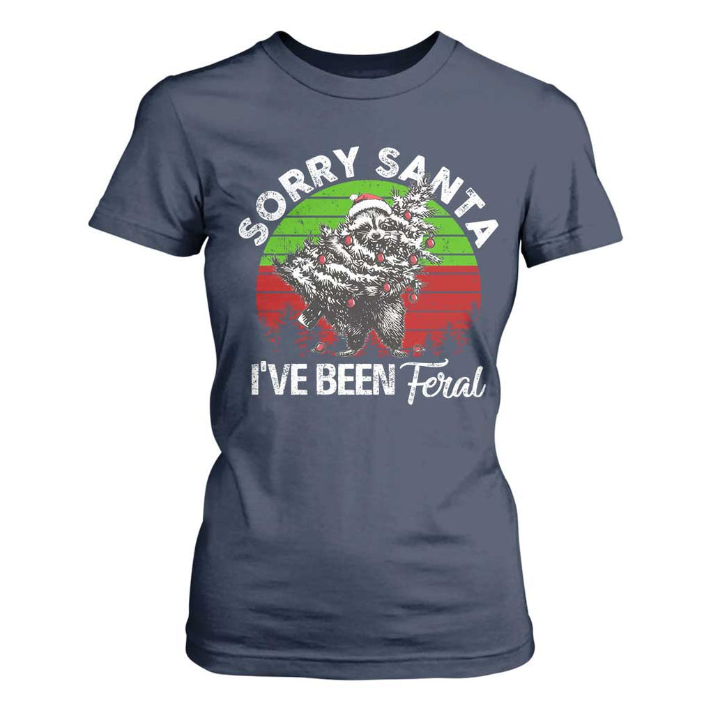 Raccoon Christmas T Shirt For Women Sorry Santa I've Been Feral Retro Xmas Tree TS10 Navy Print Your Wear
