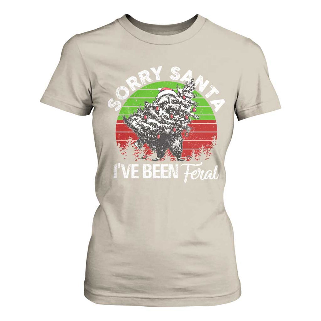 Raccoon Christmas T Shirt For Women Sorry Santa I've Been Feral Retro Xmas Tree TS10 Sand Print Your Wear