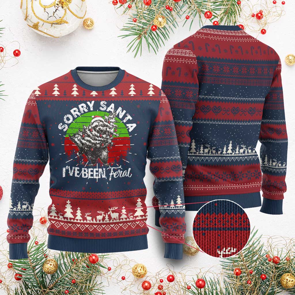 Raccoon Xmas Ugly Christmas Sweater Sorry Santa I've Been Feral Retro Xmas Tree TS10 Burgundy Print Your Wear